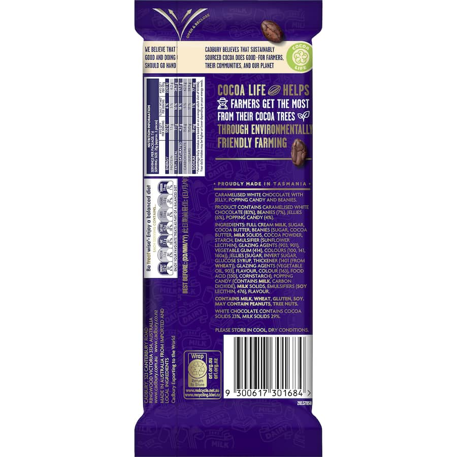 Cadbury Caramilk Marvellous Creations bar featuring caramelised white chocolate with jelly popping candy and crunchy beanies.