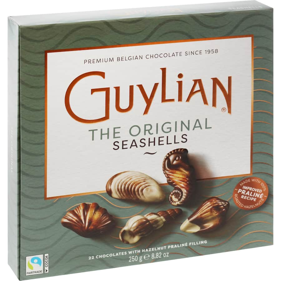 Guylian Chocolate Box Seashells featuring exquisite handcrafted Belgian chocolates in ocean-shaped designs for a luxurious treat.