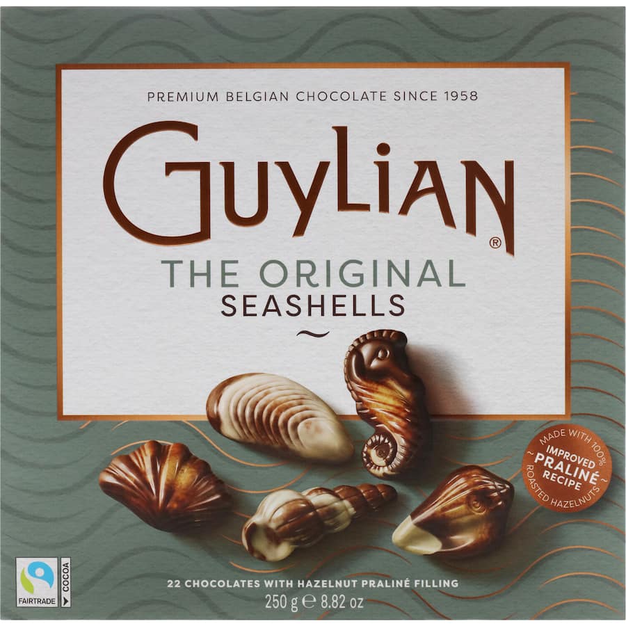 Box of Guylian Chocolate Seashells featuring artisanal Belgian chocolates in elegant seashell shapes, perfect for gifts or personal indulgence.