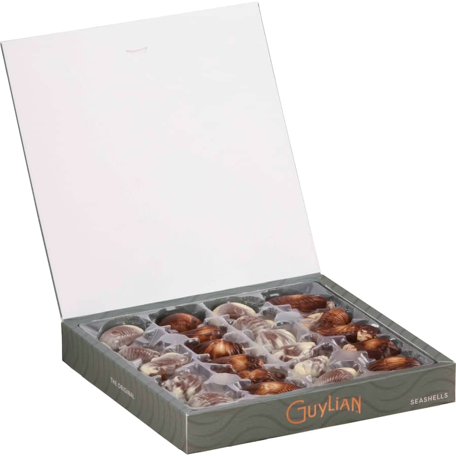 Elegant Guylian seashell-shaped chocolates in a luxurious box, perfect for gifting or indulging in rich Belgian flavors.