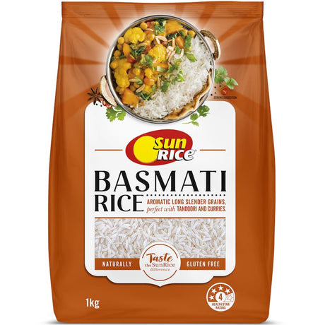 Aromatic Sunrice Basmati Rice, known for its long grains and light fluffy texture, perfect for flavorful Indian dishes.