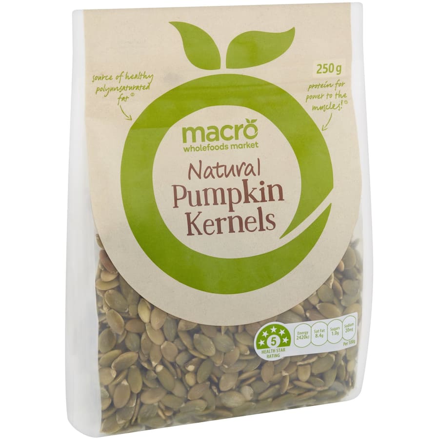 Macro Pumpkin Seeds Natural Kernels: nutrient-rich snack with plant-based protein, healthy fats, and dietary fiber for wellness.