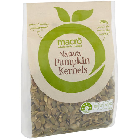 Macro Pumpkin Seeds Natural Kernels: nutrient-rich snack with plant-based protein, healthy fats, and dietary fiber for wellness.