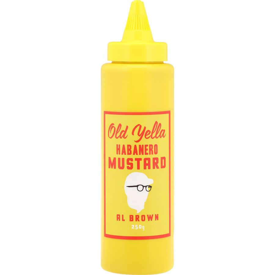 Zesty Al Brown Old Yella Habanero Mustard, perfect for grilling meats and enhancing sandwiches with a bold spicy flavor.