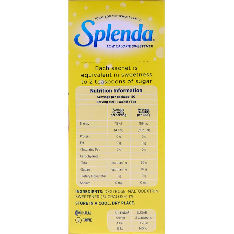 Splenda Sugar Substitute packets for convenient, zero-calorie sweetness in beverages, cereal, and recipes.