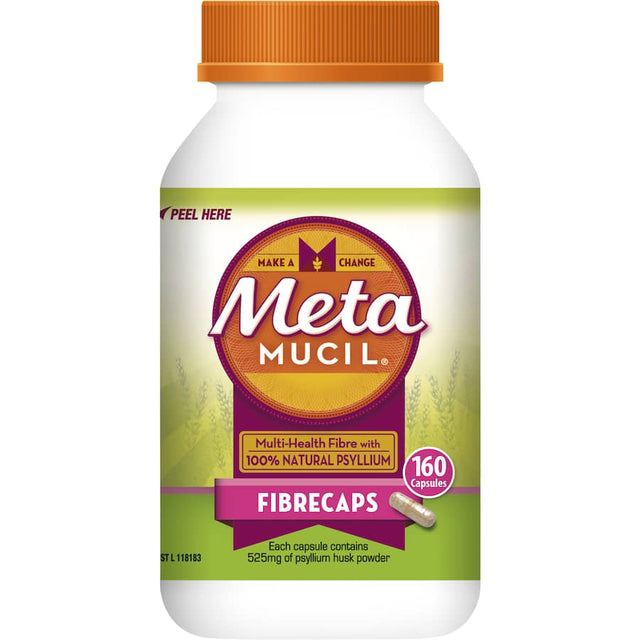 Metamucil Fibrecaps: natural psyllium husk capsules for digestive health, fiber intake, and regularity support.