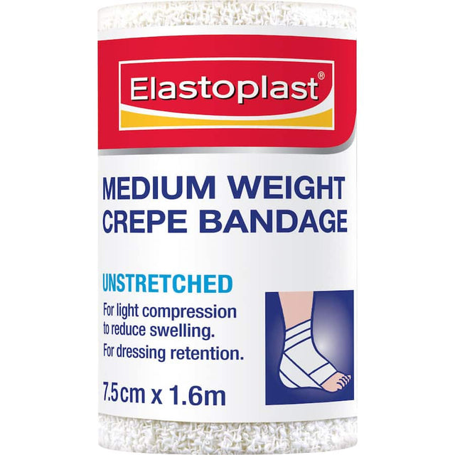 Elastoplast Medium Weight Crepe Bandage, 7.5cm wide, offers support for wrist and ankle injuries with breathable comfort.