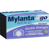 Mylanta 2go Antacid tablets in lemon mint flavor, offering quick relief from indigestion, heartburn, and upset stomach.