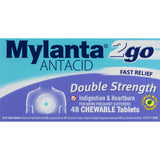 Chewable Mylanta 2go Antacid tablets in lemon mint for fast relief of indigestion, heartburn, and upset stomach.