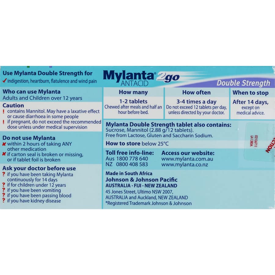 Mylanta 2go Antacid tablets in lemon mint flavor for fast relief from heartburn, indigestion, and upset stomach on-the-go.