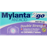 Chewable Mylanta 2go Antacid Double Strength tablets in lemon mint flavor for quick relief from indigestion and heartburn.