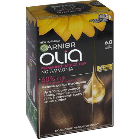 Garnier Olia Hair Colour Light Brown 6.0, an oil-powered, ammonia-free dye for vibrant color and 100% grey coverage.