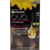 Garnier Olia Hair Colour Light Brown 6.0, an ammonia-free dye with 60% oils for vibrant color and 100% grey coverage.