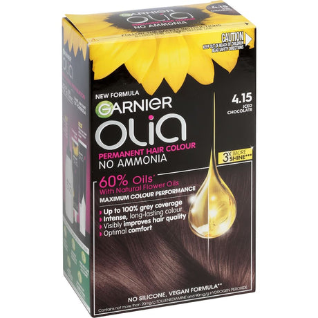 Garnier Olia Hair Colour Iced Chocolate 4.15, ammonia-free formula with 60% oils for rich, cool brown color and grey coverage.