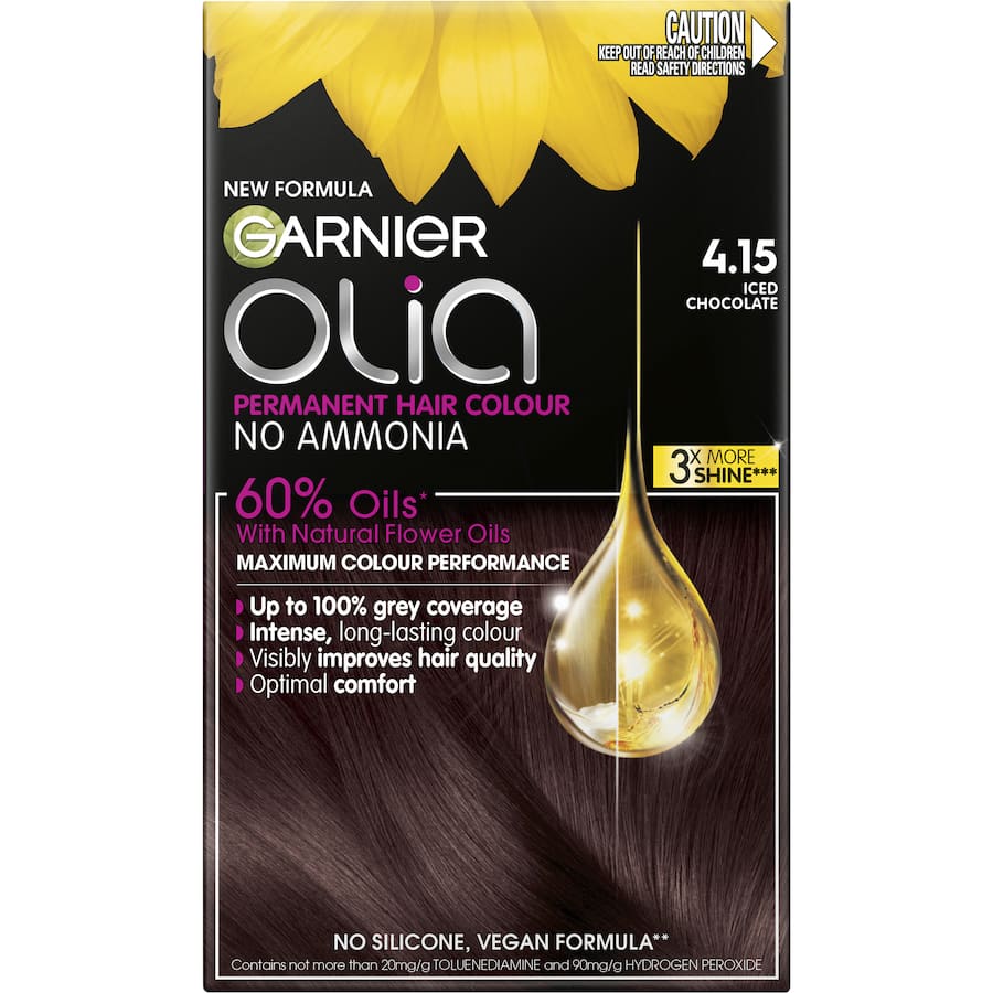 Garnier Olia Iced Chocolate 4.15, an ammonia-free hair dye delivering rich brown color and nourishing oils for vibrant shine.