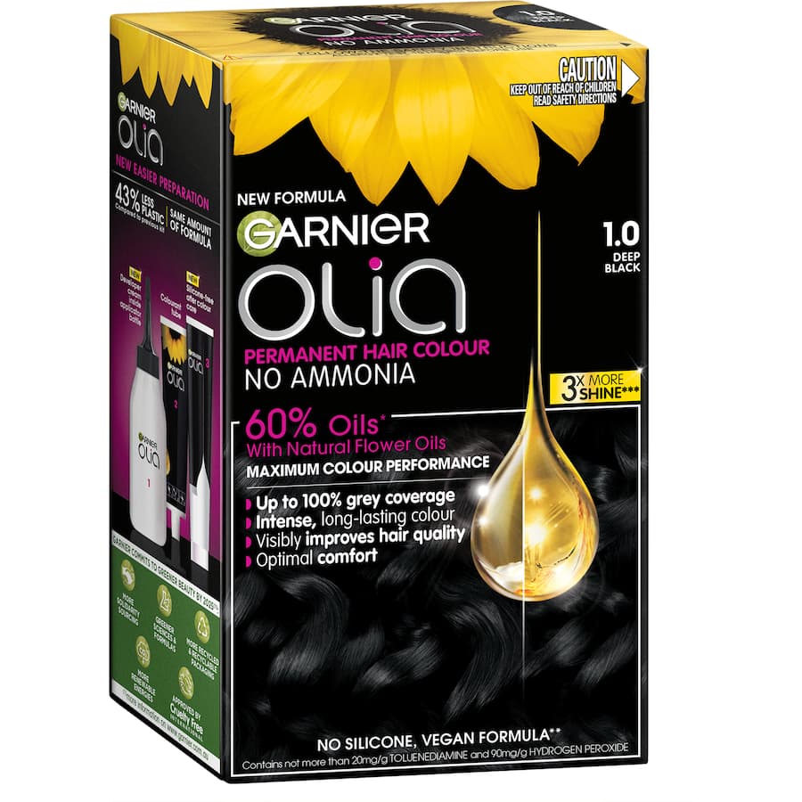 Garnier Olia Deep Black 1.0 hair color, ammonia-free, enriched with 60% oils for vibrant, shiny, and healthy-looking hair.