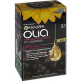 Garnier Olia Hair Colour Brown 5.0 packaging, showcasing oil-powered dye for vibrant, nourishing medium brown hair.