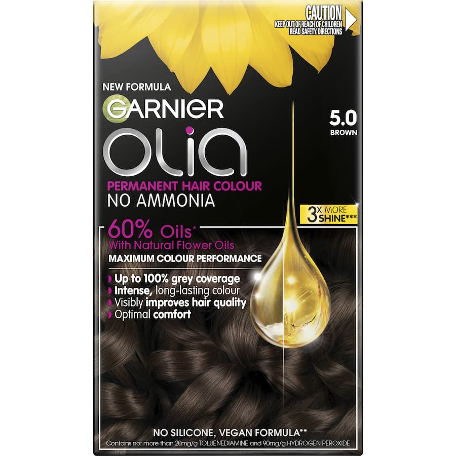 Olia Hair Colour Brown 5.0, an oil-powered dye for vibrant, natural brown with 100% grey coverage and nourished hair.