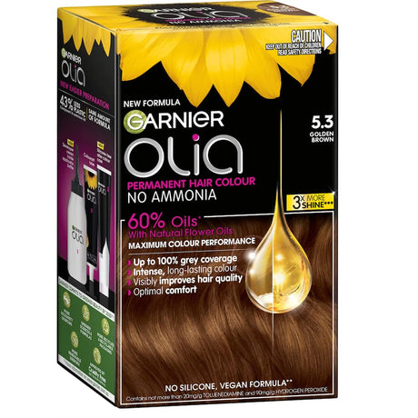 Garnier Olia Hair Colour Golden Brown 5.3: Ammonia-free, oil-powered dye for vibrant golden tones and healthy, radiant hair.