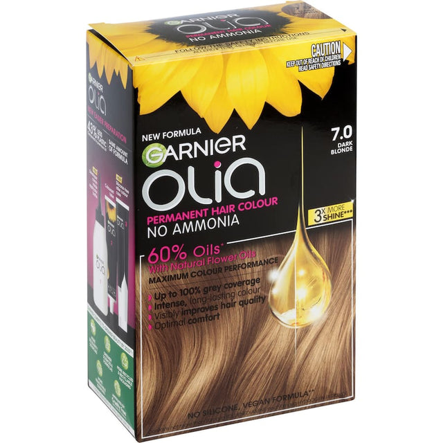 Garnier Olia Dark Blonde 7.0 hair color promotes vibrant, soft, and shiny hair with 100% gray coverage, ammonia-free formula.