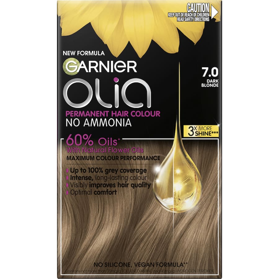 Garnier Olia Hair Colour Dark Blonde 7.0: ammonia-free dye for vibrant, soft hair with 100% gray coverage and nourishing oils.