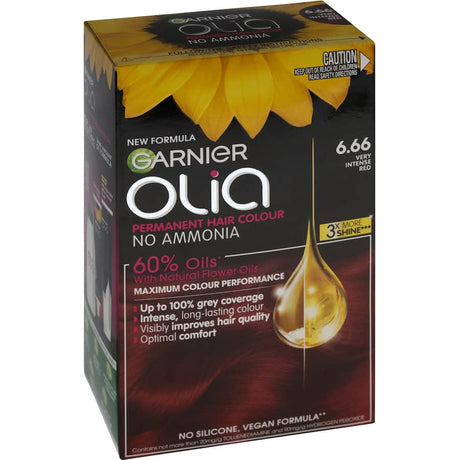 Vibrant Garnier Olia Hair Colour in Very Intense Red 6.66, promoting luminous color and 100% grey coverage with nourishing oils.