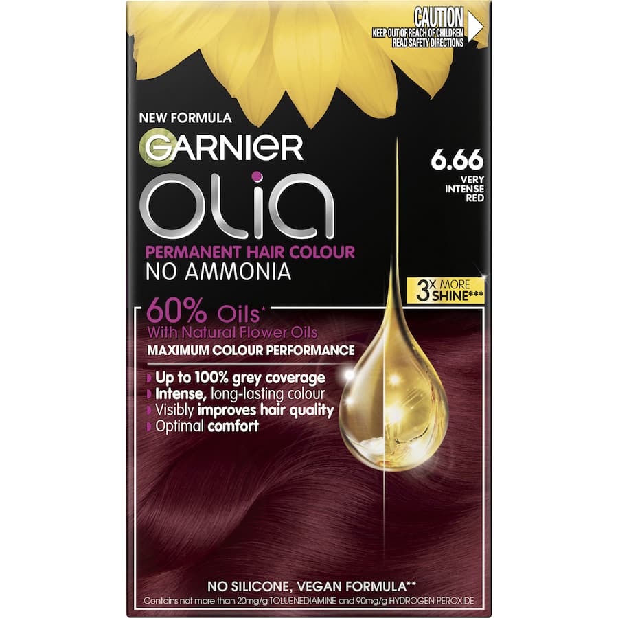 Vibrant Garnier Olia Very Intense Red 6.66 hair dye, ammonia-free with 60% oils for nourishing, long-lasting color.