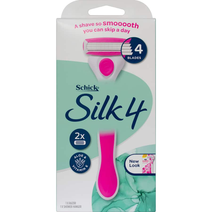 Schick Silk 4 Razor with elegant handle and 2 blades for a smooth, hydrating shave designed for women.