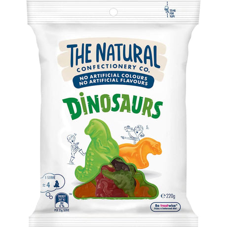 Colorful dinosaur-shaped lollies in fruity flavors, made with natural ingredients and 100% renewable energy in Australia.