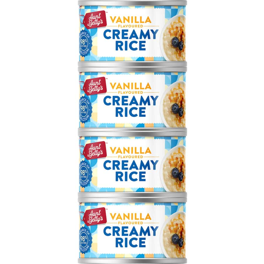 Aunt Betty's Rice 2 Go Creamed Rice 400g, a creamy, delicious vanilla rice pudding, perfect for quick snacks or desserts.