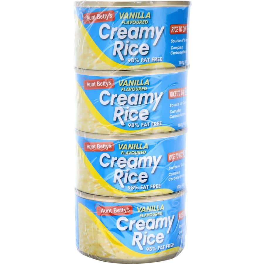 Aunt Betty's 400g Creamed Rice Vanilla, a creamy, 98% fat-free dessert, perfect hot or cold, enriched with calcium.