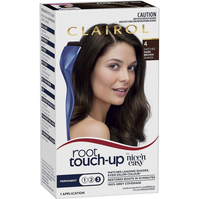 Clairol Nice N Easy Root Touch-Up in Dark Brown 4 for quick, effective grey coverage with precision application in 10 minutes.