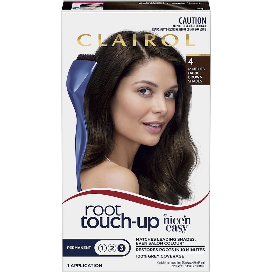 Clairol Nice N Easy Root Touch-Up in Dark Brown 4 for seamless grey coverage with precision brush in just 10 minutes.