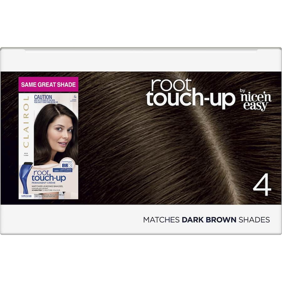 Clairol Nice N Easy Dark Brown 4 root touch-up kit for seamless grey coverage in just 10 minutes, includes precision brush.