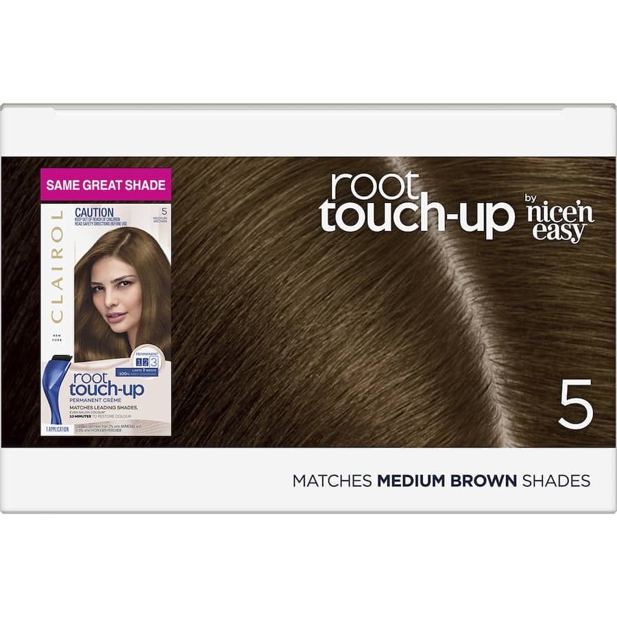 Clairol Nice N Easy Root Touch-Up in Medium Brown 5 for seamless gray and root coverage in just 10 minutes.