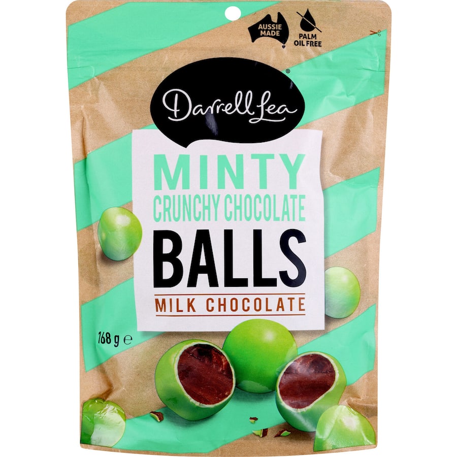 Darrell Lea Minty Crunchy Balls: chocolate-covered treats with refreshing mint and satisfying crunch for joyful indulgence.