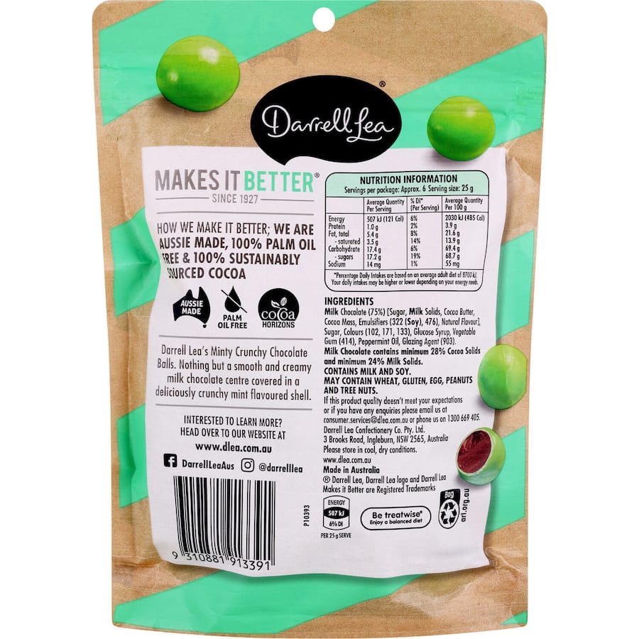 Darrell Lea Minty Crunchy Balls: Chocolate-covered mint treats with a satisfying crunch and creamy texture, perfect for gifting or savoring.