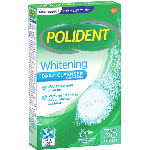 Polident Whitening Daily Cleaner tablets provide a deep clean in 15 minutes, removing odors and tough stains from dentures.