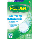 Polident Whitening Daily Cleaner tablets for dentures, removing 99.9% odor-causing bacteria in just 15 minutes.