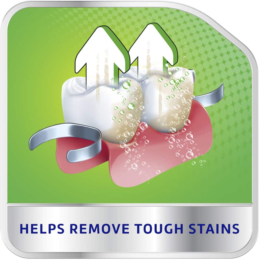 Polident Whitening Daily Cleaner tablets for dentures cleanse effectively in 15 minutes, removing odors and tough stains non-abrasively.