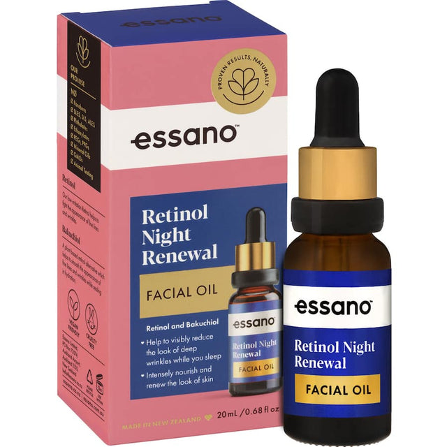 Luxurious Essano Retinol Night Renewal facial oil revitalizes skin, reducing fine lines and enhancing radiance for a youthful glow.