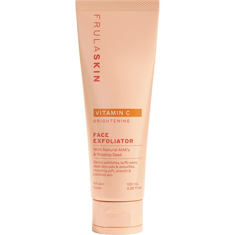 Frula Face Exfoliator features Vitamin C and natural ingredients for gentle exfoliation and brightened, hydrated skin.