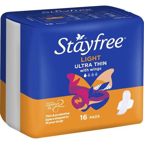 Stayfree Ultra Thin Pads Light Wings offer discreet, comfortable menstrual protection with moisture-locking technology and odour neutralisers.