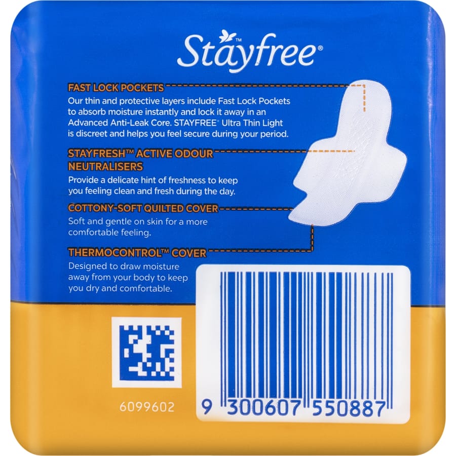 Stayfree Ultra Thin Pads Light Wings provide discreet, comfortable protection with fast absorption and moisture-wicking technology.