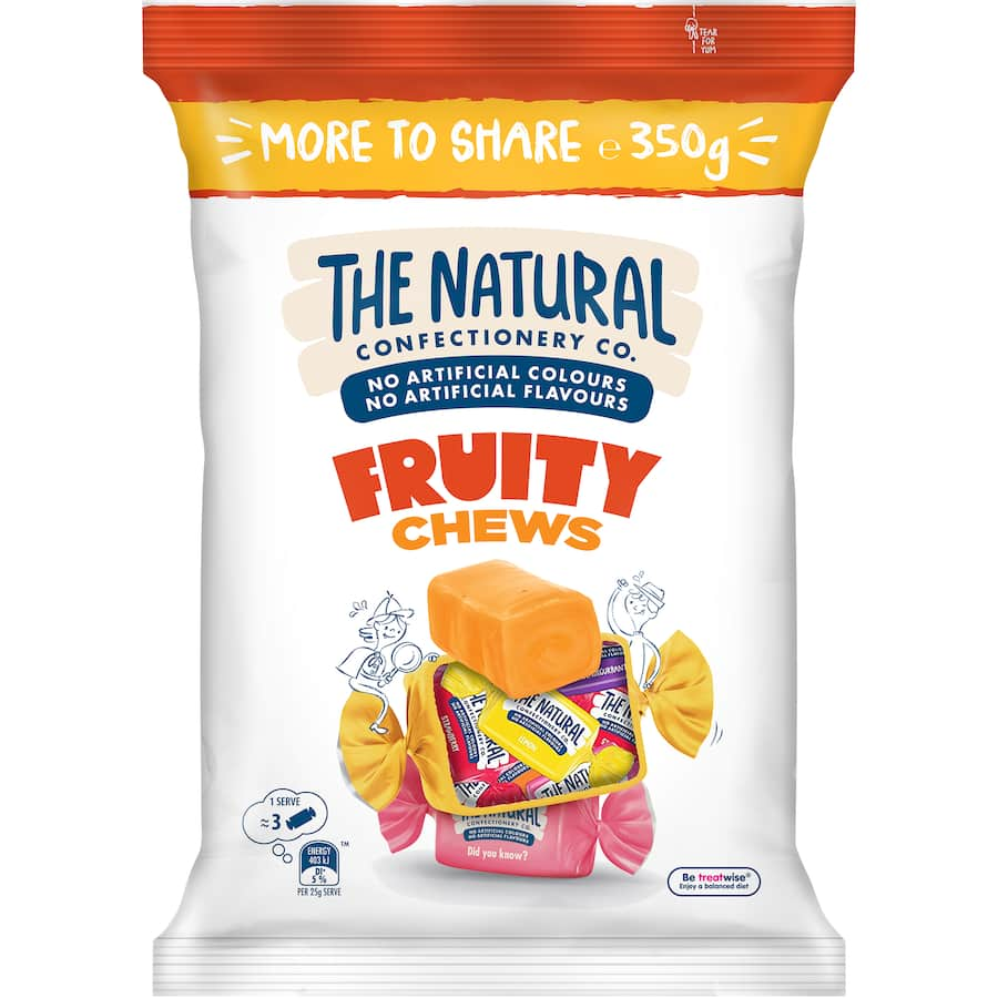 Colorful assortment of fruity chews in strawberry, raspberry, blackcurrant, orange, and lemon flavors, perfect for sharing.