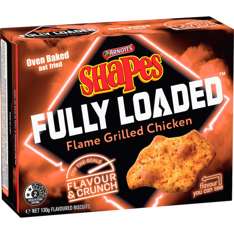 Crispy Arnotts Shapes Fully Loaded Crackers in Flame Grilled Chicken flavor, perfect for snacking and sharing.