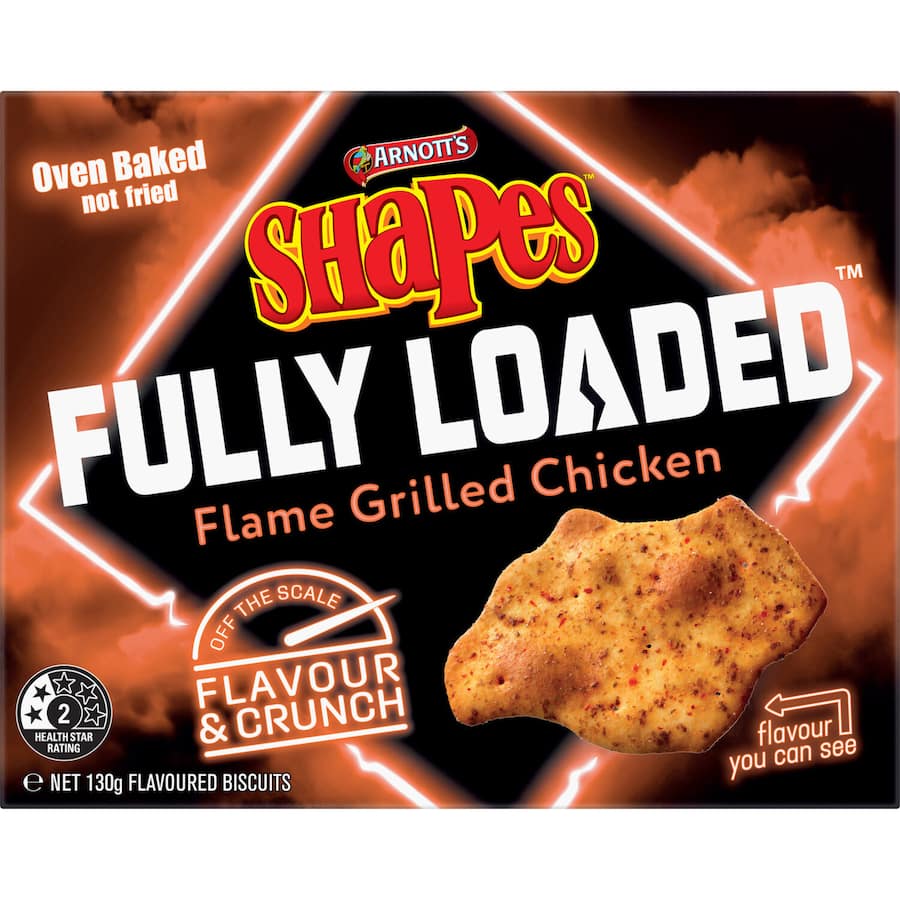 Crispy Arnotts Shapes Fully Loaded Crackers in Flame Grilled Chicken flavor, perfect for savory snacking and sharing.