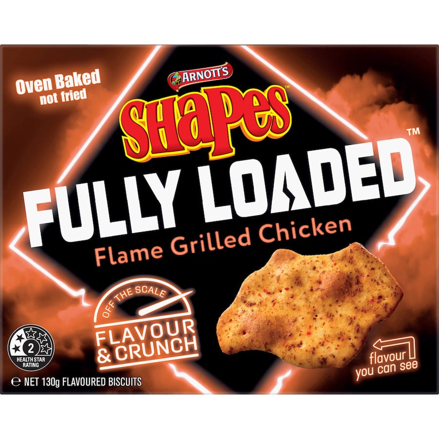 Crispy Arnotts Shapes Fully Loaded Crackers in Flame Grilled Chicken flavor, perfect for flavorful snacking anytime, anywhere.