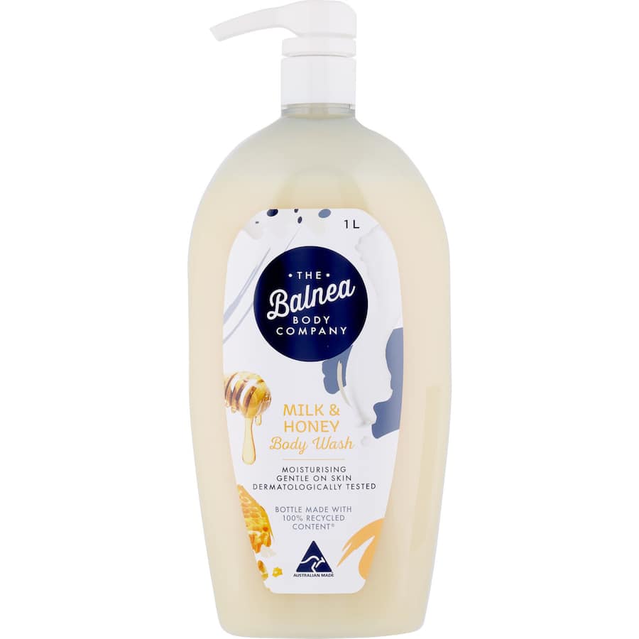 Luxurious Balnea Body Wash Milk & Honey, enriched with milk proteins and honey for deeply nourishing, hydrating skin.