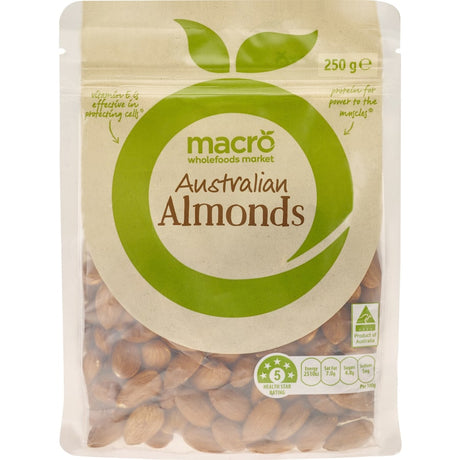 Macro Almonds Kernel Natural pack, featuring protein-rich Aussie almonds perfect for healthy snacking and versatile recipes.